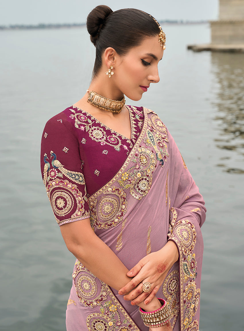 Monjolika Fashion Mauve Viscose Tissue Silk Saree With Embroidery & Cutwork Border