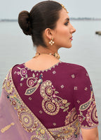 Monjolika Fashion Mauve Viscose Tissue Silk Saree With Embroidery & Cutwork Border