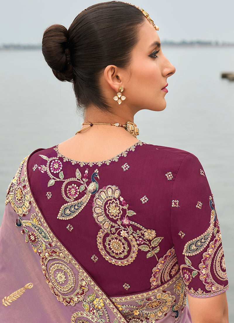 Monjolika Fashion Mauve Viscose Tissue Silk Saree With Embroidery & Cutwork Border