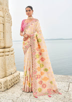 Monjolika Fashion Beige Viscose Tissue Silk Saree With Embroidery & Cutwork Border