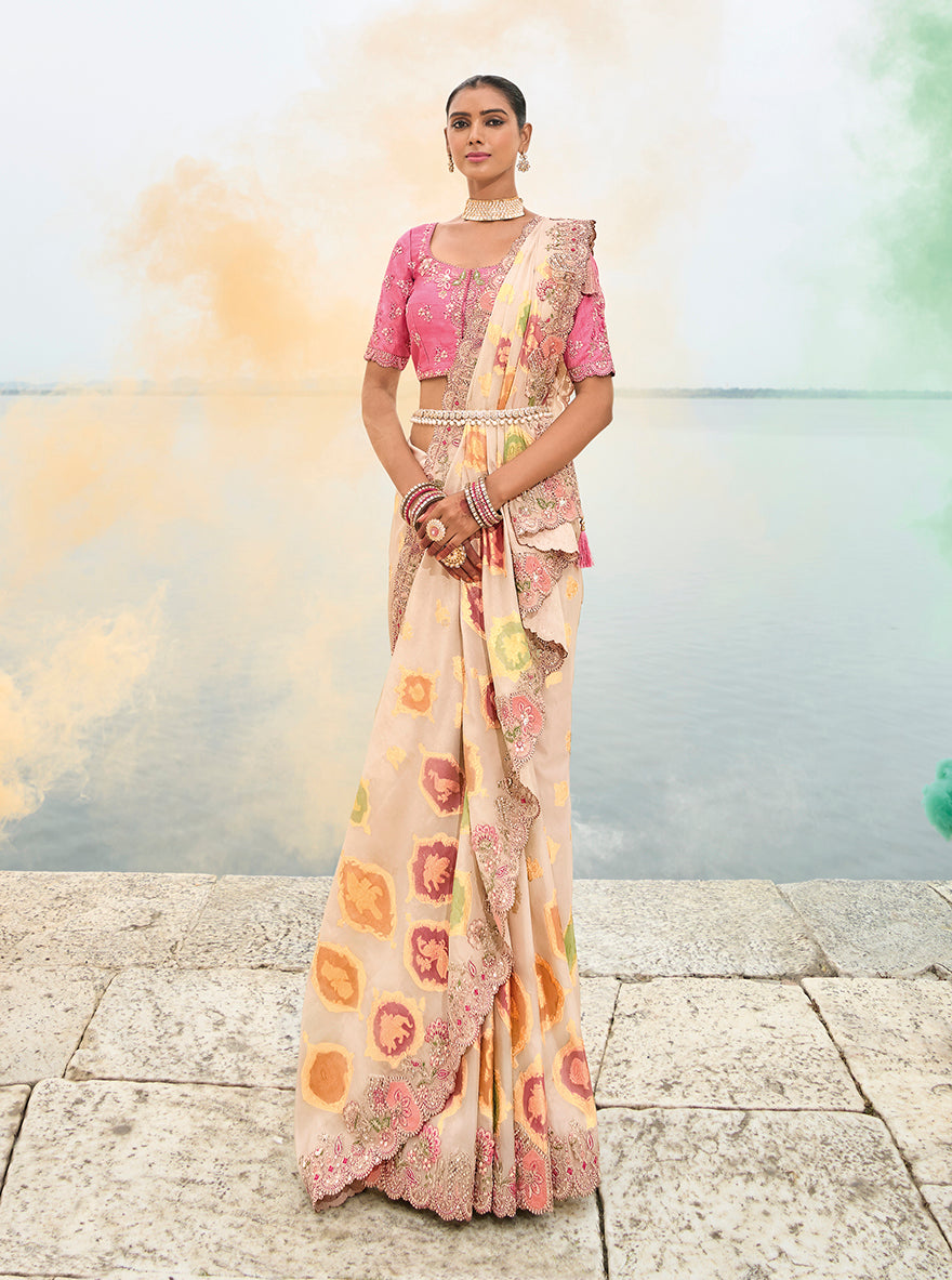 Monjolika Fashion Beige Viscose Tissue Silk Saree With Embroidery & Cutwork Border