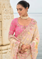 Monjolika Fashion Beige Viscose Tissue Silk Saree With Embroidery & Cutwork Border