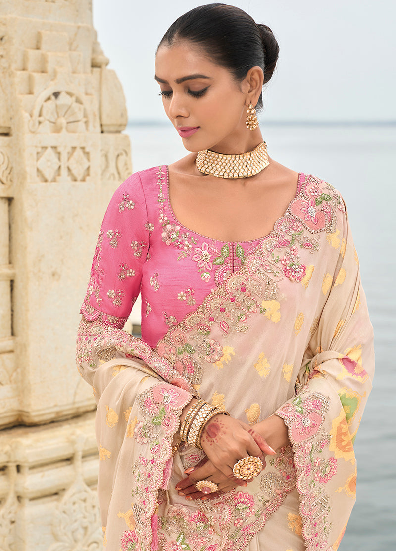 Monjolika Fashion Beige Viscose Tissue Silk Saree With Embroidery & Cutwork Border