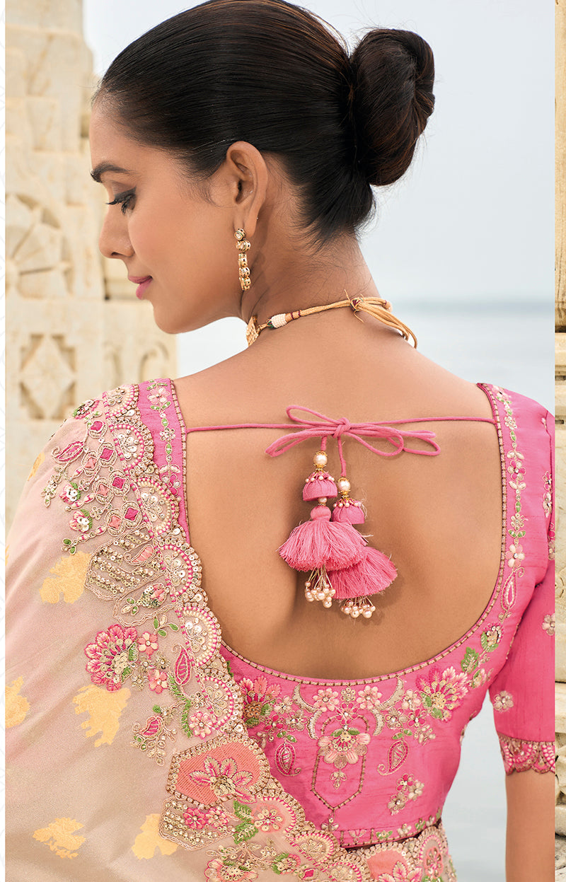 Monjolika Fashion Beige Viscose Tissue Silk Saree With Embroidery & Cutwork Border