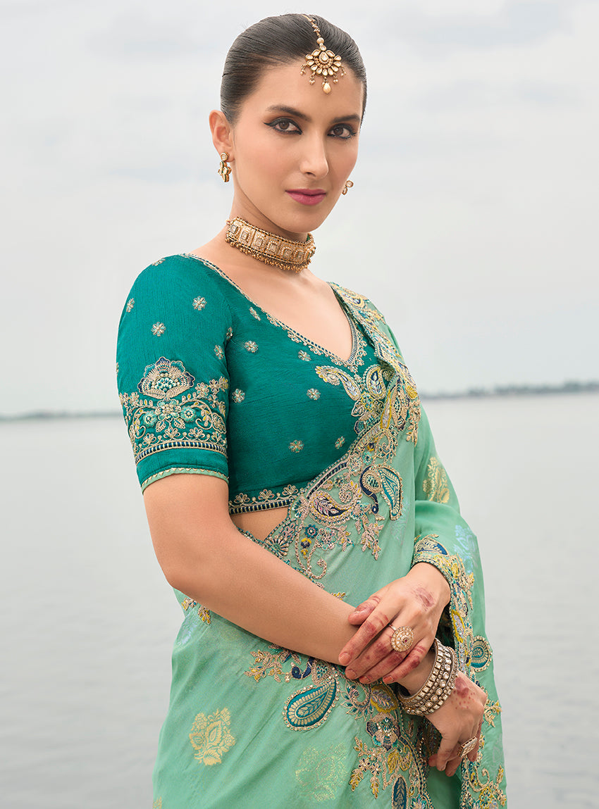 Monjolika Fashion Turquoise Viscose Tissue Silk Saree With Embroidery & Cutwork Border