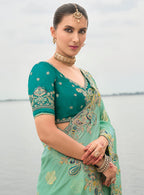 Monjolika Fashion Turquoise Viscose Tissue Silk Saree With Embroidery & Cutwork Border