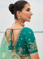 Monjolika Fashion Turquoise Viscose Tissue Silk Saree With Embroidery & Cutwork Border