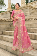Monjolika Fashion Pink Viscose Tissue Silk Saree With Embroidery & Cutwork Border