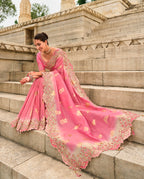 Monjolika Fashion Pink Viscose Tissue Silk Saree With Embroidery & Cutwork Border
