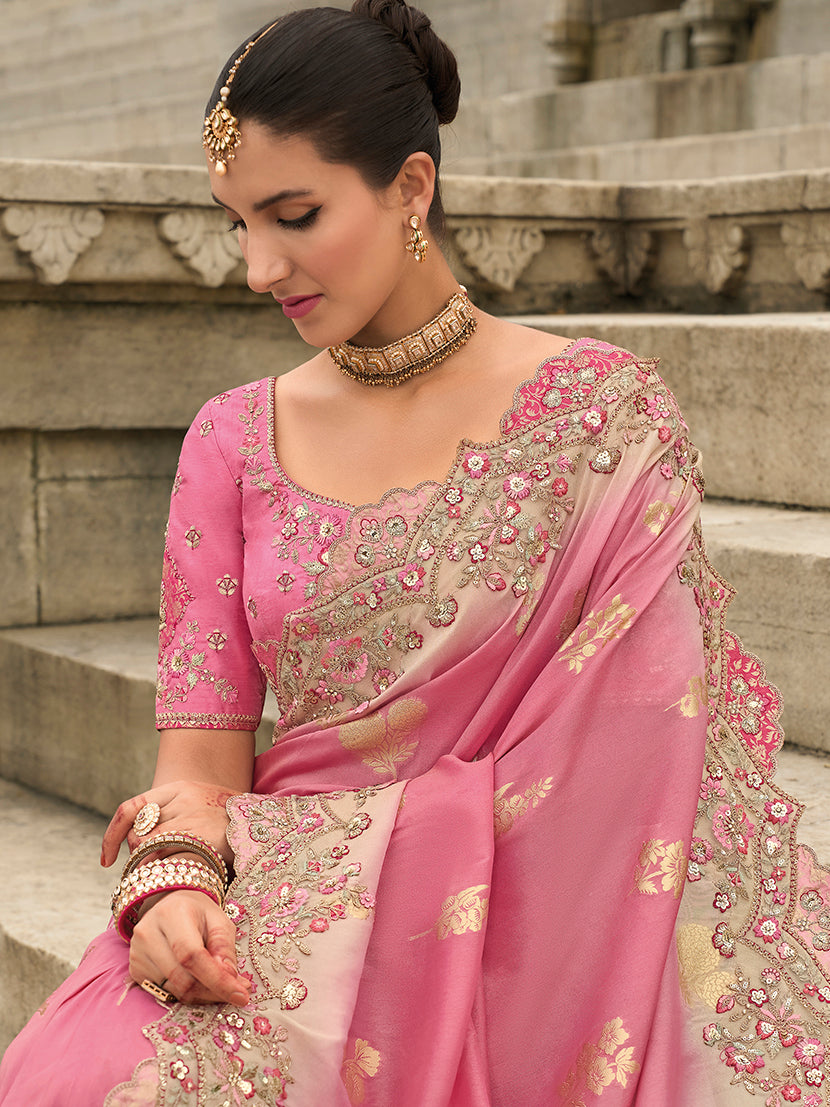Monjolika Fashion Pink Viscose Tissue Silk Saree With Embroidery & Cutwork Border