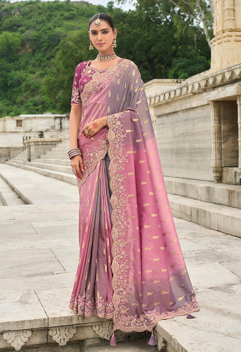 Monjolika Fashion Pink & Mauve Shaded Viscose Tissue Silk Saree With Embroidery & Cutwork Border