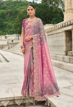Monjolika Fashion Pink & Mauve Shaded Viscose Tissue Silk Saree With Embroidery & Cutwork Border