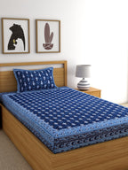 Rajasthan Decor Navy Blue Block Print 144 TC Cotton 1 Single Bedsheet with 2 Pillow Covers
