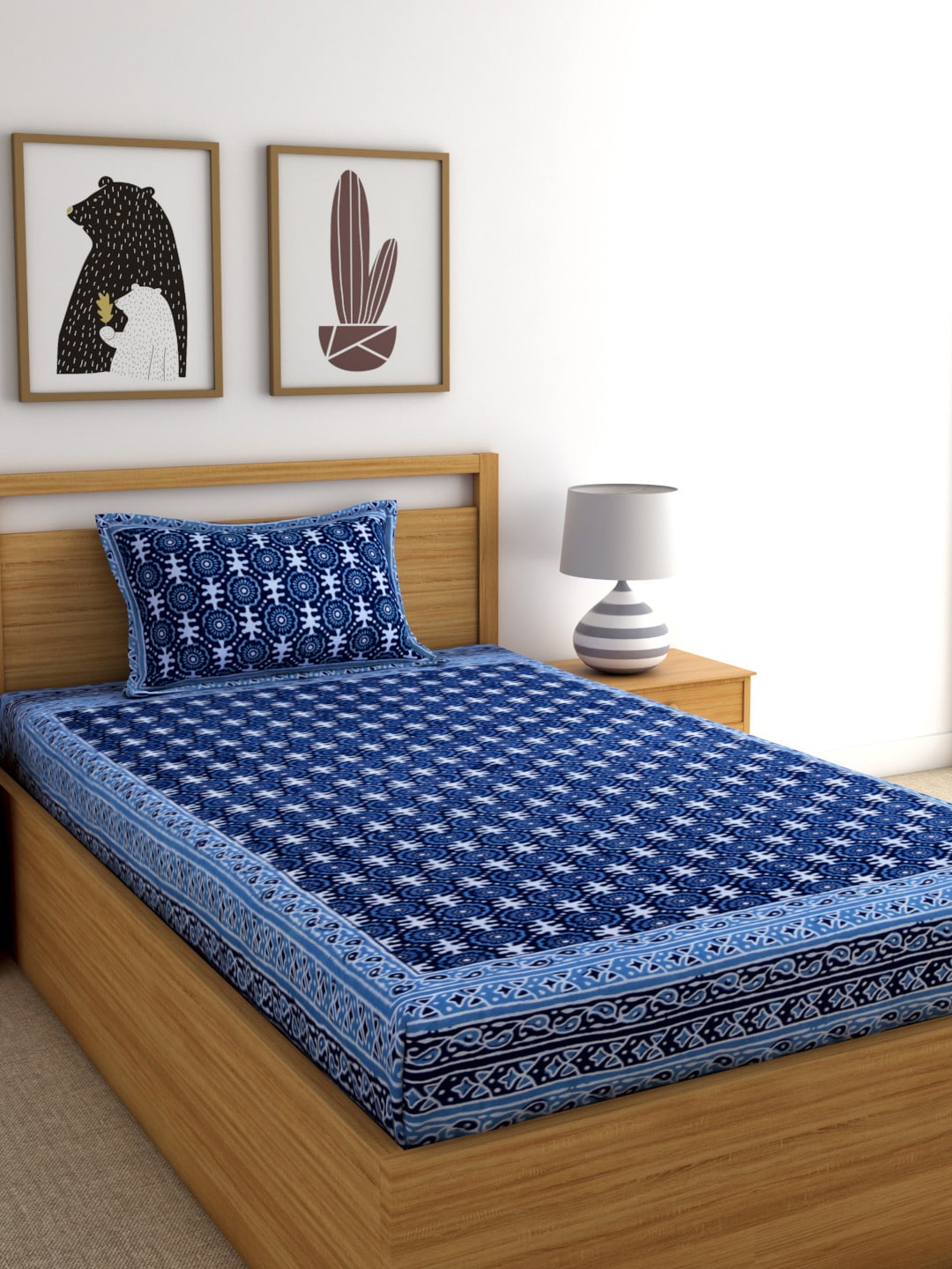 Rajasthan Decor Navy Blue Block Print 144 TC Cotton 1 Single Bedsheet with 2 Pillow Covers