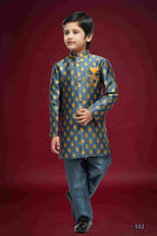 Raivat Ethnic Kids Banarasi Jacquard Woven Work Semi Indo Western Set Dark Grey Colour