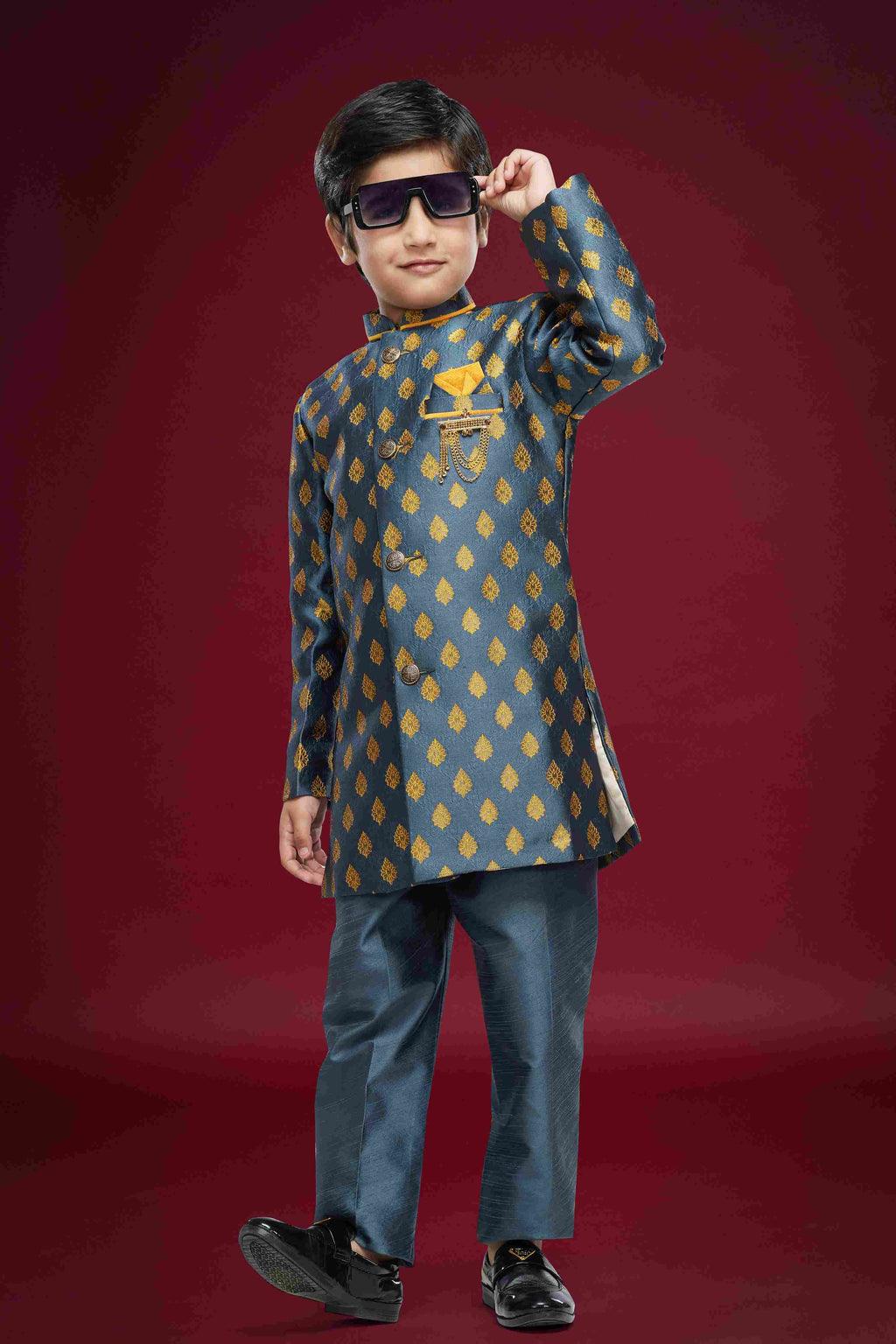 Raivat Ethnic Kids Banarasi Jacquard Woven Work Semi Indo Western Set Dark Grey Colour