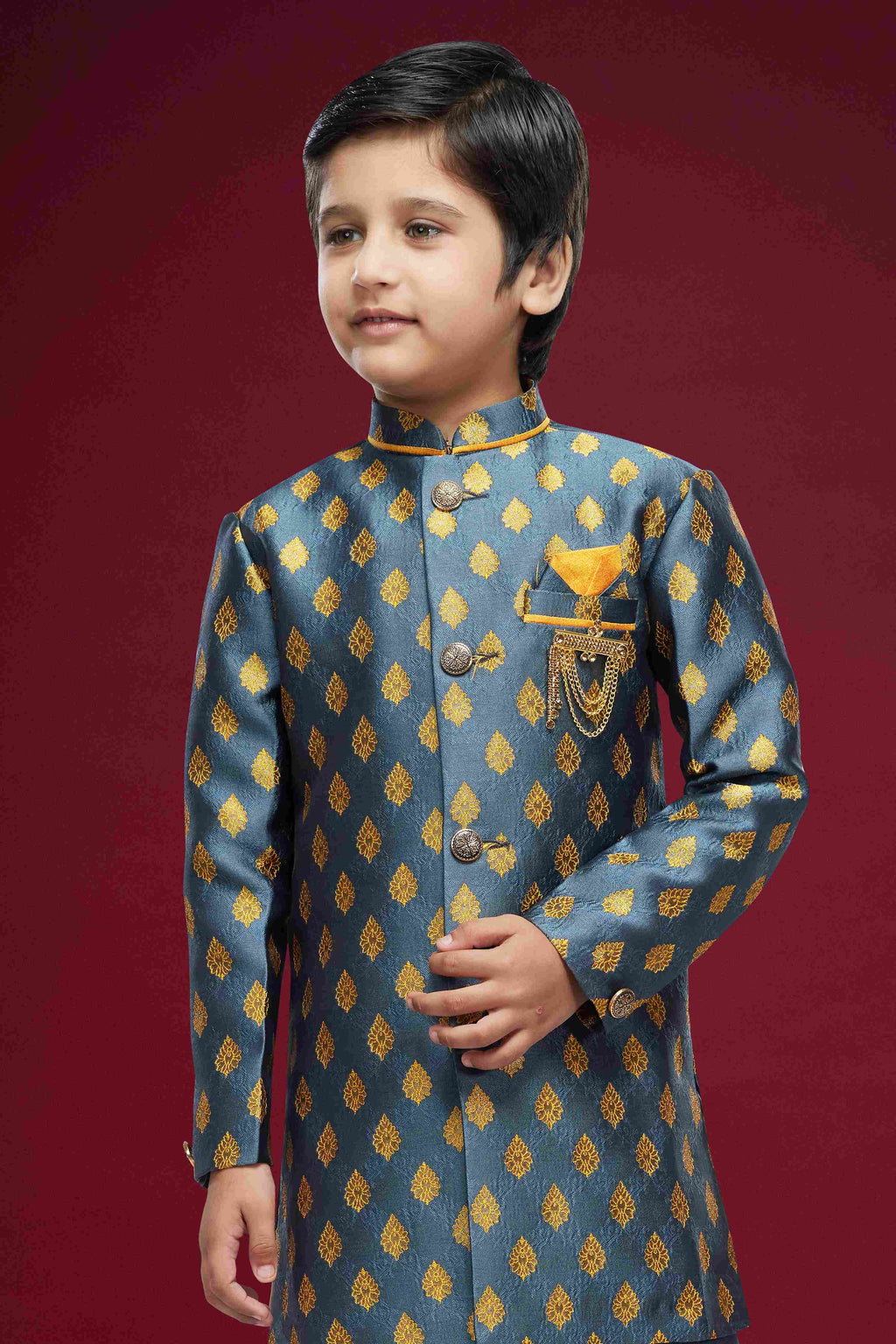 Raivat Ethnic Kids Banarasi Jacquard Woven Work Semi Indo Western Set Dark Grey Colour