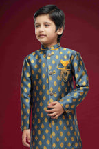 Raivat Ethnic Kids Banarasi Jacquard Woven Work Semi Indo Western Set Dark Grey Colour