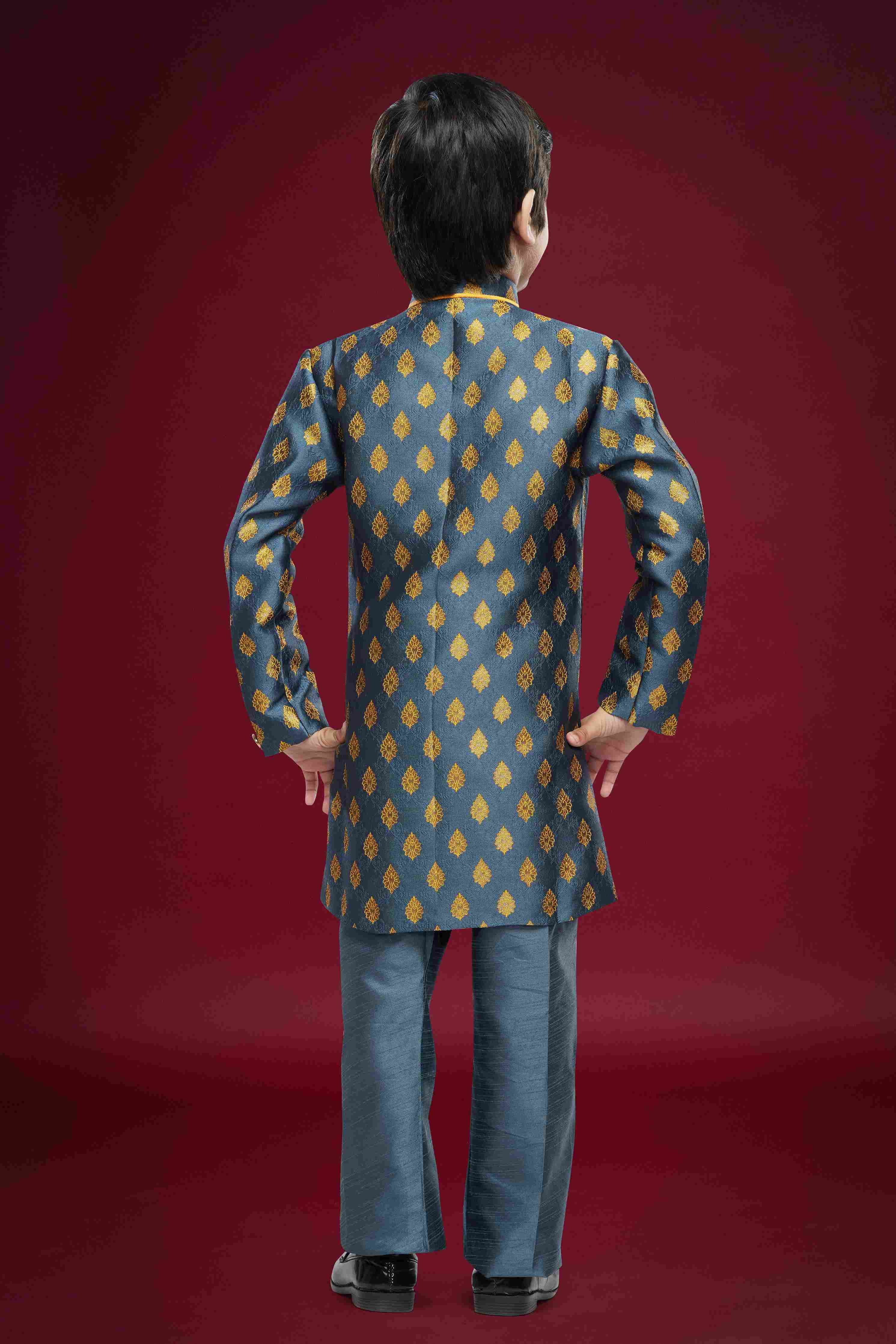 Raivat Ethnic Kids Banarasi Jacquard Woven Work Semi Indo Western Set Dark Grey Colour