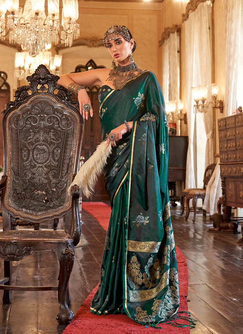 Monjolika Fashion Luxurious Dark Emerald Green Satin Silk Saree With Intricate Weaving Design