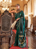 Monjolika Fashion Luxurious Dark Emerald Green Satin Silk Saree With Intricate Weaving Design
