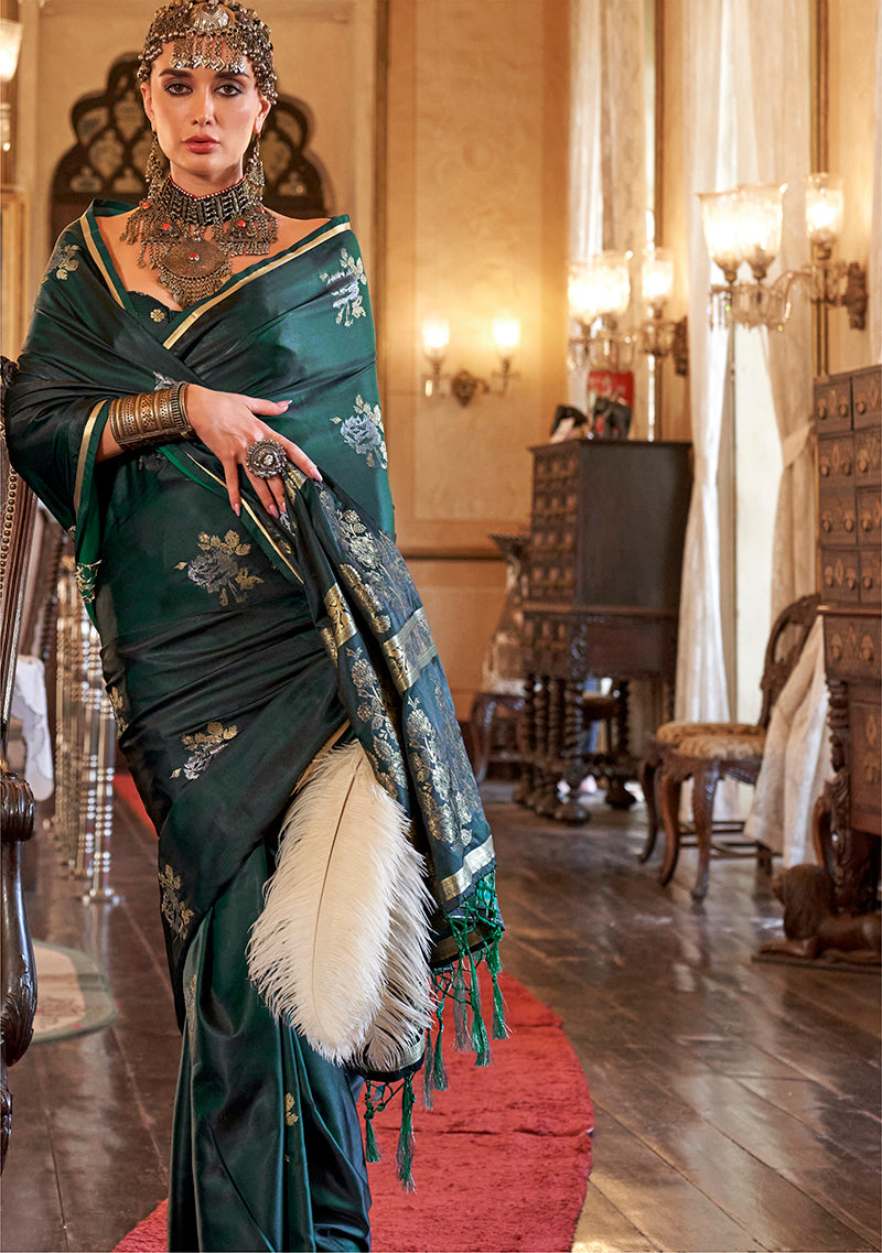 Monjolika Fashion Luxurious Dark Emerald Green Satin Silk Saree With Intricate Weaving Design