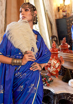 Monjolika Fashion Luxurious Royal Blue Satin Silk Saree With Intricate Weaving Design