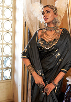 Monjolika Fashion Luxurious Black Satin Silk Saree With Intricate Weaving Design