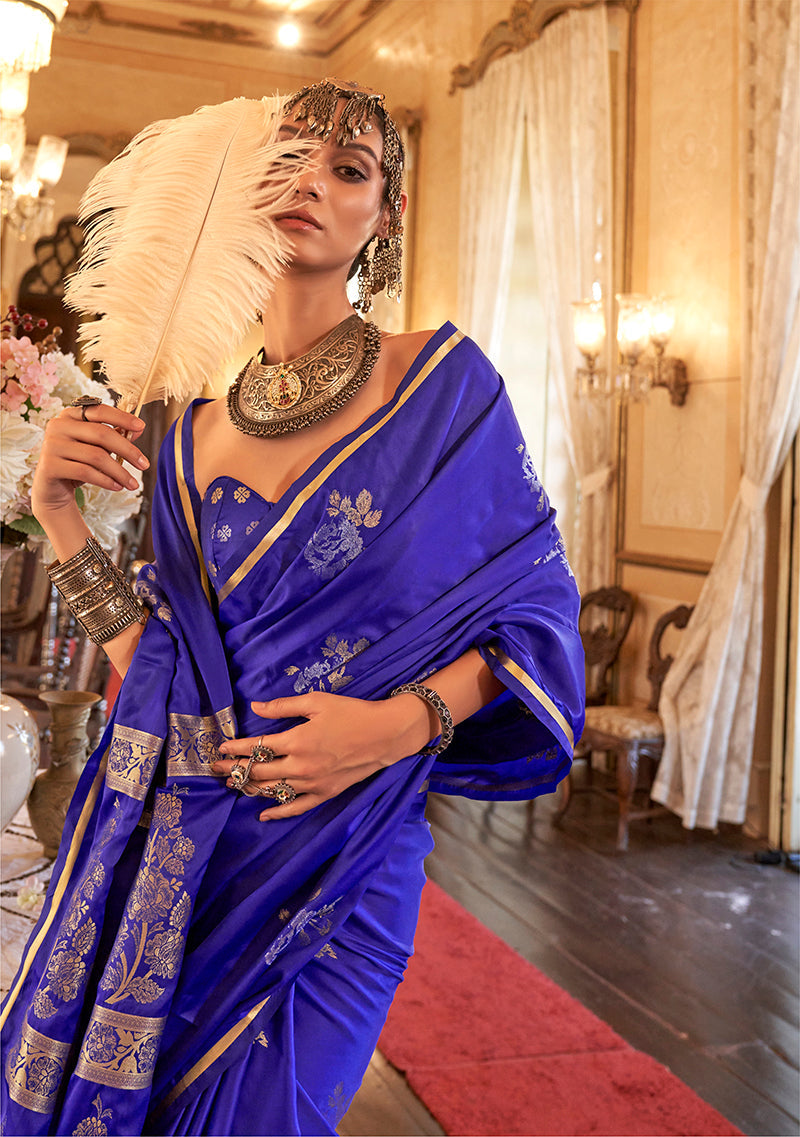 Monjolika Fashion Luxurious Indigo Satin Silk Saree With Intricate Weaving Design