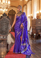 Monjolika Fashion Luxurious Royal Purple Satin Silk Saree With Intricate Weaving Design
