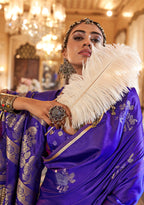 Monjolika Fashion Luxurious Royal Purple Satin Silk Saree With Intricate Weaving Design