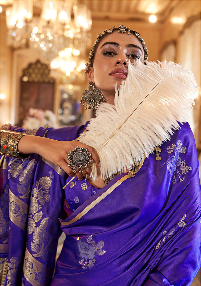 Monjolika Fashion Luxurious Royal Purple Satin Silk Saree With Intricate Weaving Design