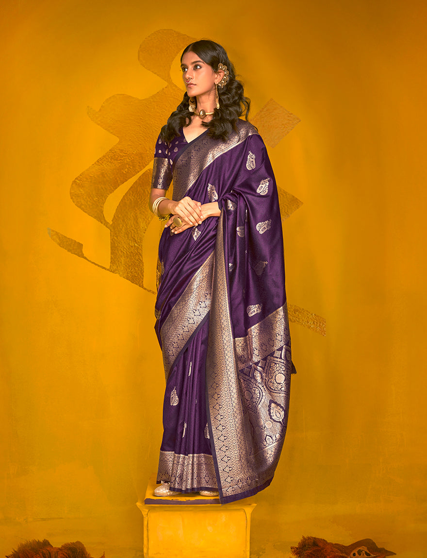 Monjolika Fashion Charming Dark Purple Color Silk Saree With Fine Zari Weave - Distacart