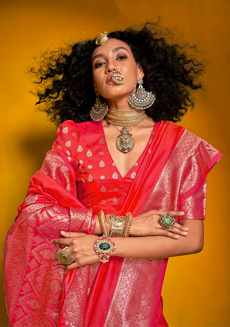 Monjolika Fashion Charming Bright Red Color Silk Saree With Fine Zari Weave - Distacart