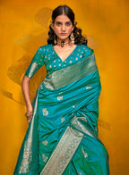 Monjolika Fashion Charming Cyan Color Silk Saree With Fine Zari Weave