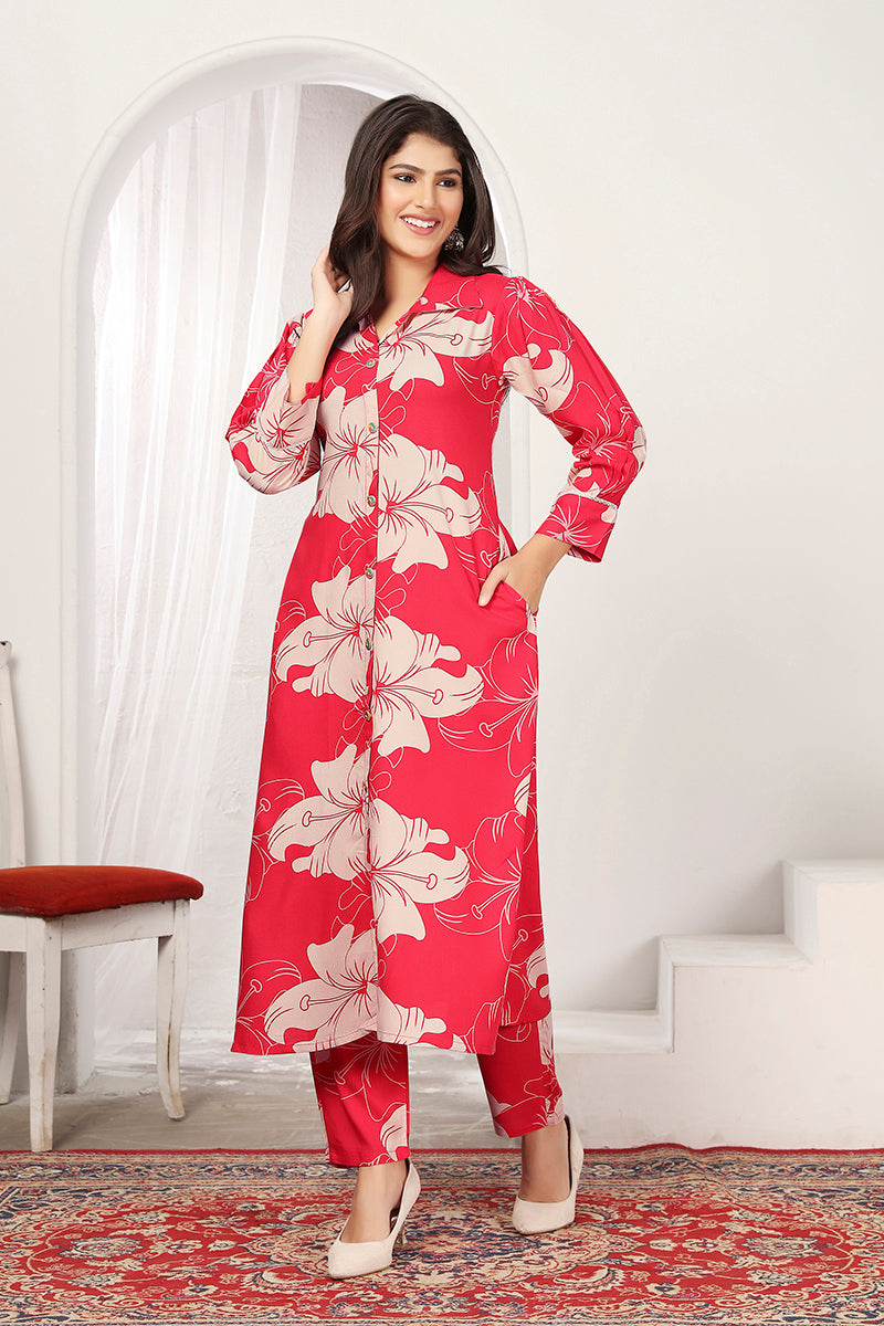 Monjolika Fashion Red Rayon Floral Printed Designer Kurti With Pant - Distacart