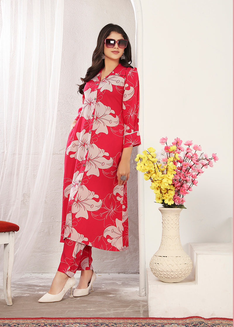 Monjolika Fashion Red Rayon Floral Printed Designer Kurti With Pant - Distacart