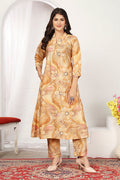 Monjolika Fashion Beige Chanderi Floral Printed Designer Kurti With Pant - Distacart