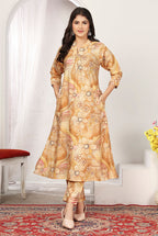 Monjolika Fashion Beige Chanderi Floral Printed Designer Kurti With Pant - Distacart