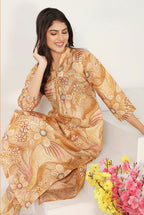 Monjolika Fashion Beige Chanderi Floral Printed Designer Kurti With Pant - Distacart