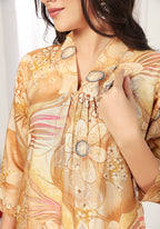 Monjolika Fashion Beige Chanderi Floral Printed Designer Kurti With Pant - Distacart