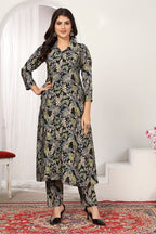 Monjolika Fashion Black Chanderi Floral Printed Designer Kurti With Pant - Distacart