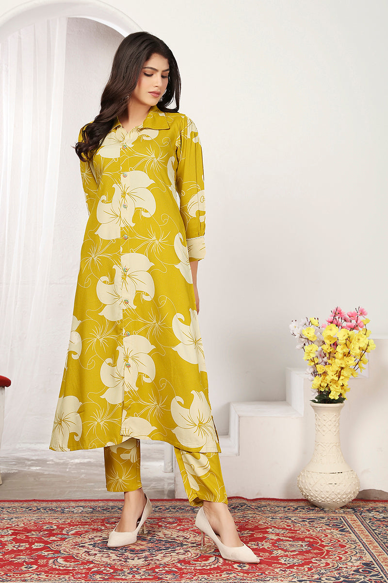 Monjolika Fashion Yellow Rayon Floral Printed Designer Kurti With Pant - Distacart