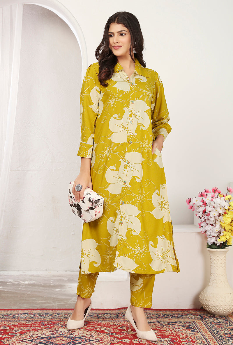 Monjolika Fashion Yellow Rayon Floral Printed Designer Kurti With Pant - Distacart