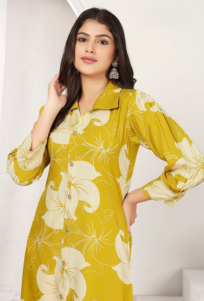 Monjolika Fashion Yellow Rayon Floral Printed Designer Kurti With Pant - Distacart