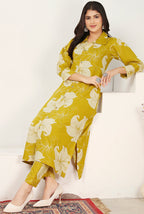 Monjolika Fashion Yellow Rayon Floral Printed Designer Kurti With Pant - Distacart