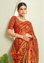 Monjolika Fashion Red Ceremonial Paisley Printed Georgette Designer Saree