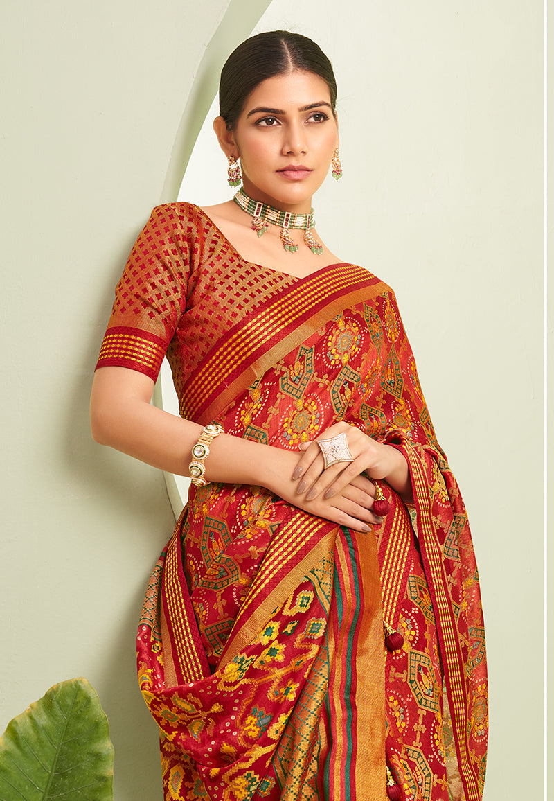 Monjolika Fashion Red Ceremonial Paisley Printed Georgette Designer Saree