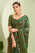Monjolika Fashion Green Ceremonial Paisley Printed Georgette Designer Saree