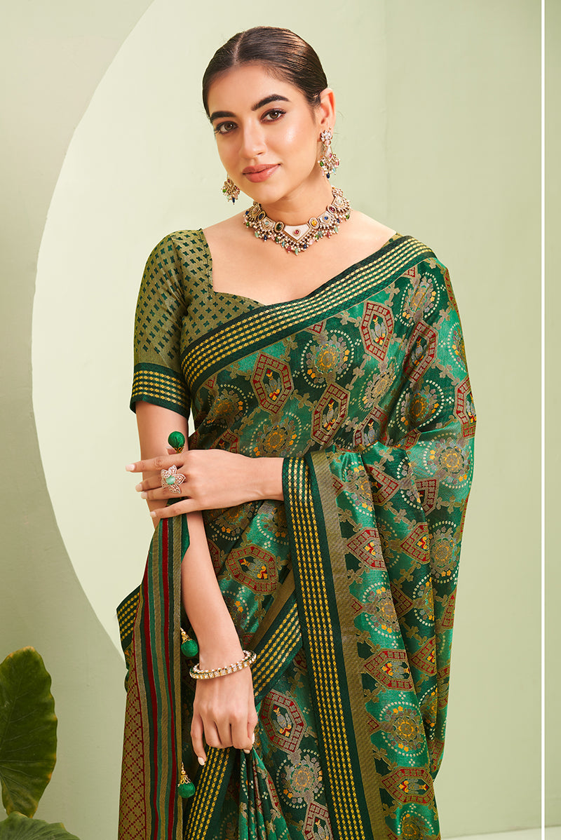 Monjolika Fashion Green Ceremonial Paisley Printed Georgette Designer Saree
